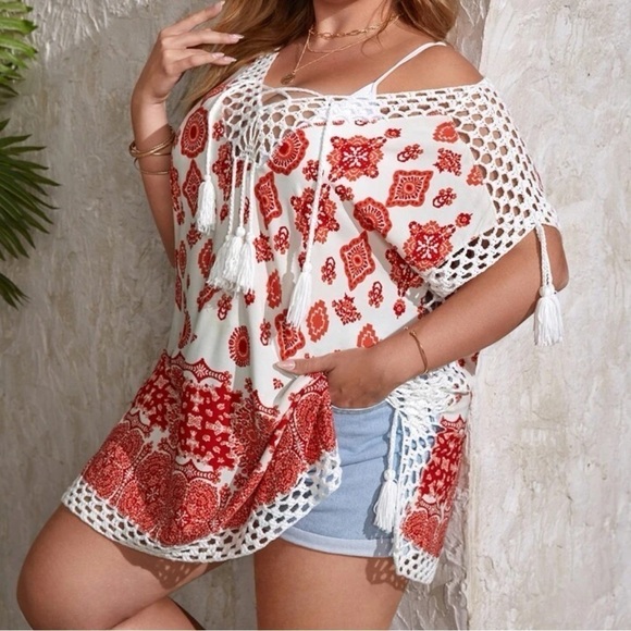 Swimsuit Coverup Top Damask Print Tassel Lace Up Crochet Batwing Plus size - Picture 7 of 12